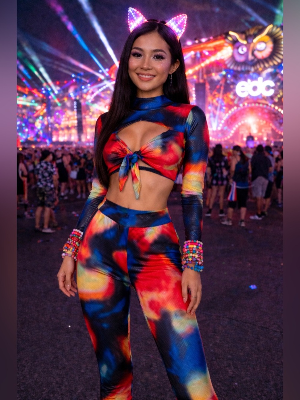 Tie-Dye Long Sleeve Crop Top & Leggings Set - Multicolor
